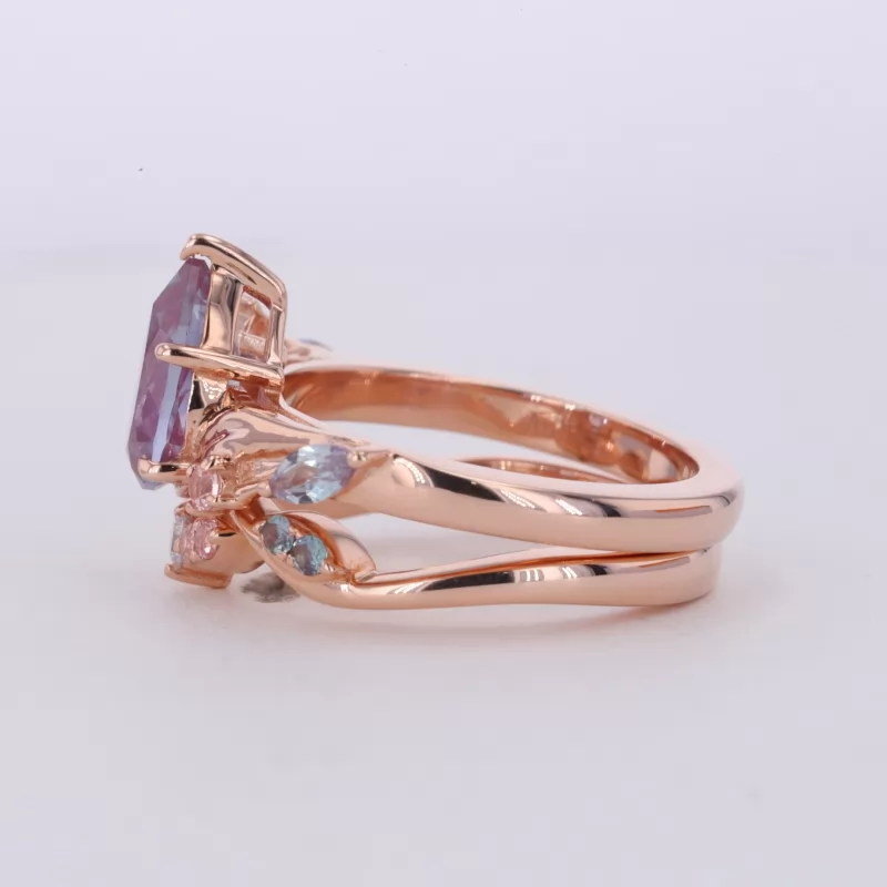 6×9mm Pear Cut Lab Grown Alexandrite Sapphire 14K Rose Gold Stackable Rings