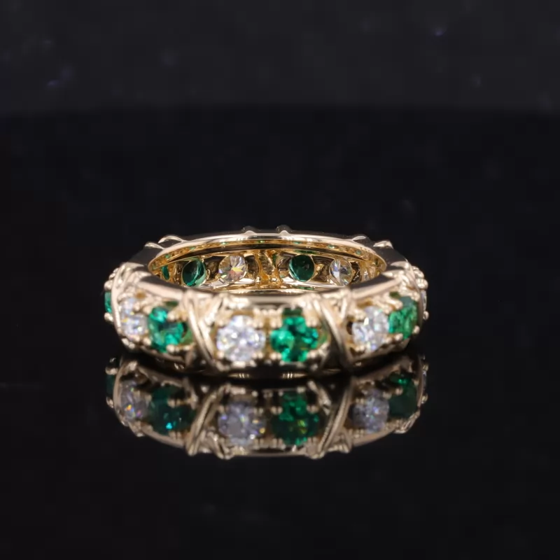 3mm Round Brilliant Cut Moissanite & Lab Grown Emerald 14K Yellow Gold Diamond Eternity Ring