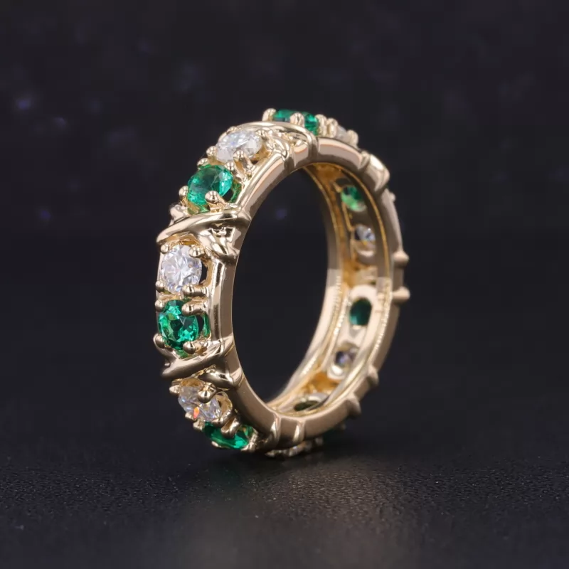 3mm Round Brilliant Cut Moissanite & Lab Grown Emerald 14K Yellow Gold Diamond Eternity Ring