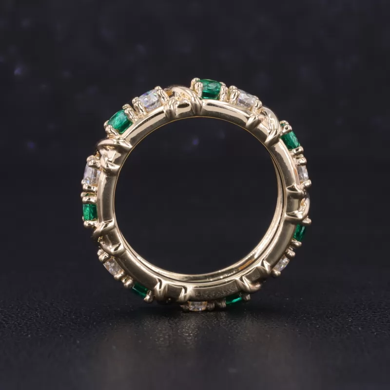 3mm Round Brilliant Cut Moissanite & Lab Grown Emerald 14K Yellow Gold Diamond Eternity Ring