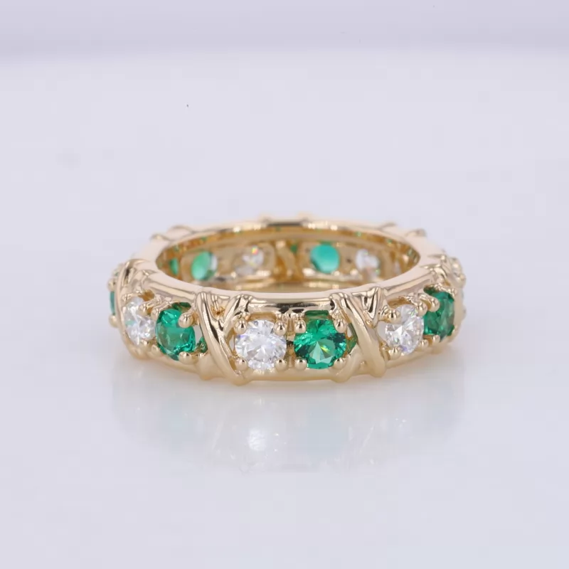 3mm Round Brilliant Cut Moissanite & Lab Grown Emerald 14K Yellow Gold Diamond Eternity Ring