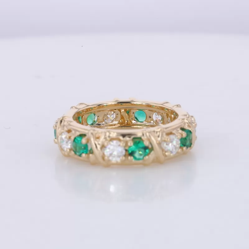 3mm Round Brilliant Cut Moissanite & Lab Grown Emerald 14K Yellow Gold Diamond Eternity Ring