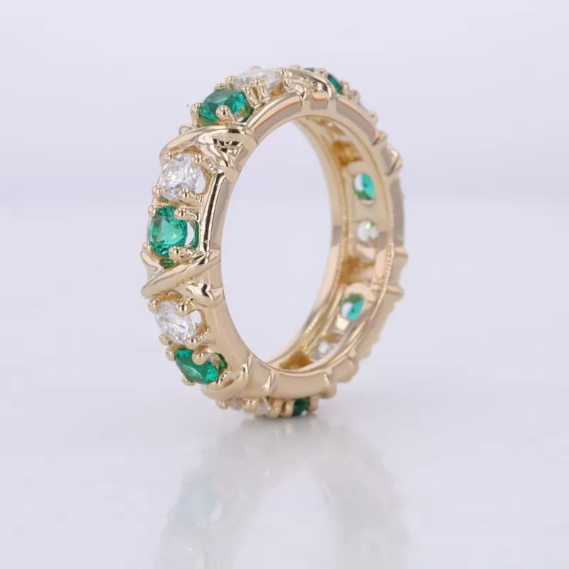 3mm Round Brilliant Cut Moissanite & Lab Grown Emerald 14K Yellow Gold Diamond Eternity Ring
