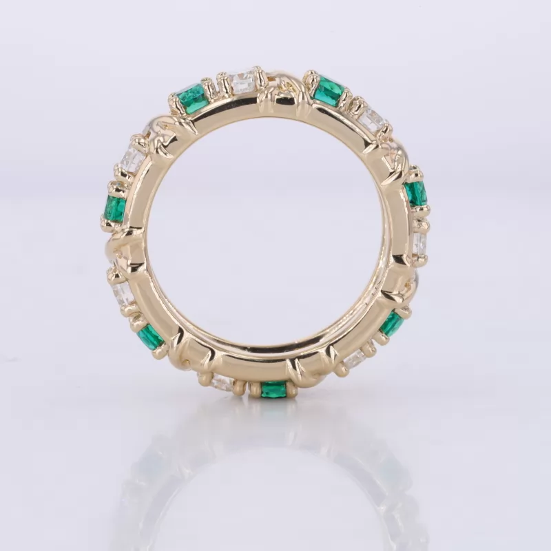 3mm Round Brilliant Cut Moissanite & Lab Grown Emerald 14K Yellow Gold Diamond Eternity Ring