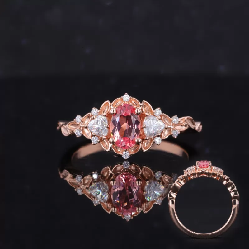 4×6mm Oval Cut Lab Grown Padparadscha Pink Sapphire 14K Rose Gold Three Stone Engagement Ring