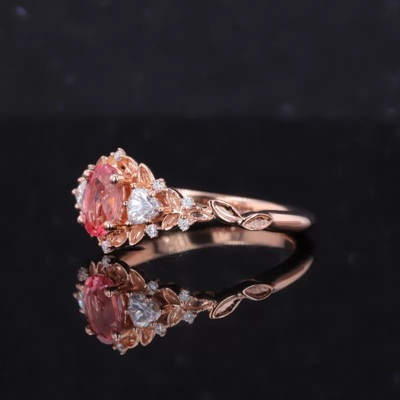 4×6mm Oval Cut Lab Grown Padparadscha Pink Sapphire 14K Rose Gold Three Stone Engagement Ring