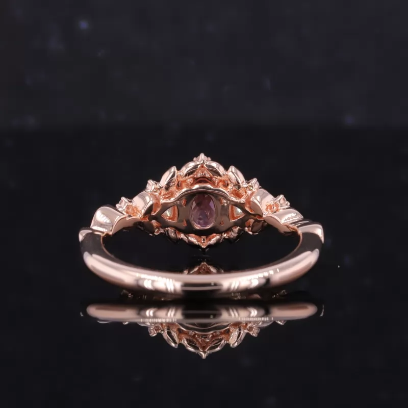 4×6mm Oval Cut Lab Grown Padparadscha Pink Sapphire 14K Rose Gold Three Stone Engagement Ring