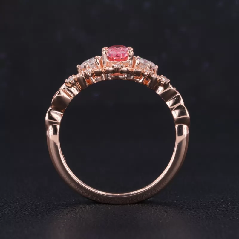 4×6mm Oval Cut Lab Grown Padparadscha Pink Sapphire 14K Rose Gold Three Stone Engagement Ring