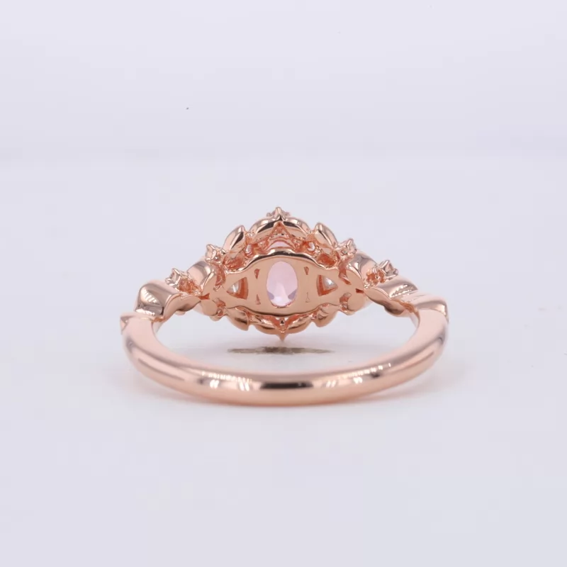 4×6mm Oval Cut Lab Grown Padparadscha Pink Sapphire 14K Rose Gold Three Stone Engagement Ring