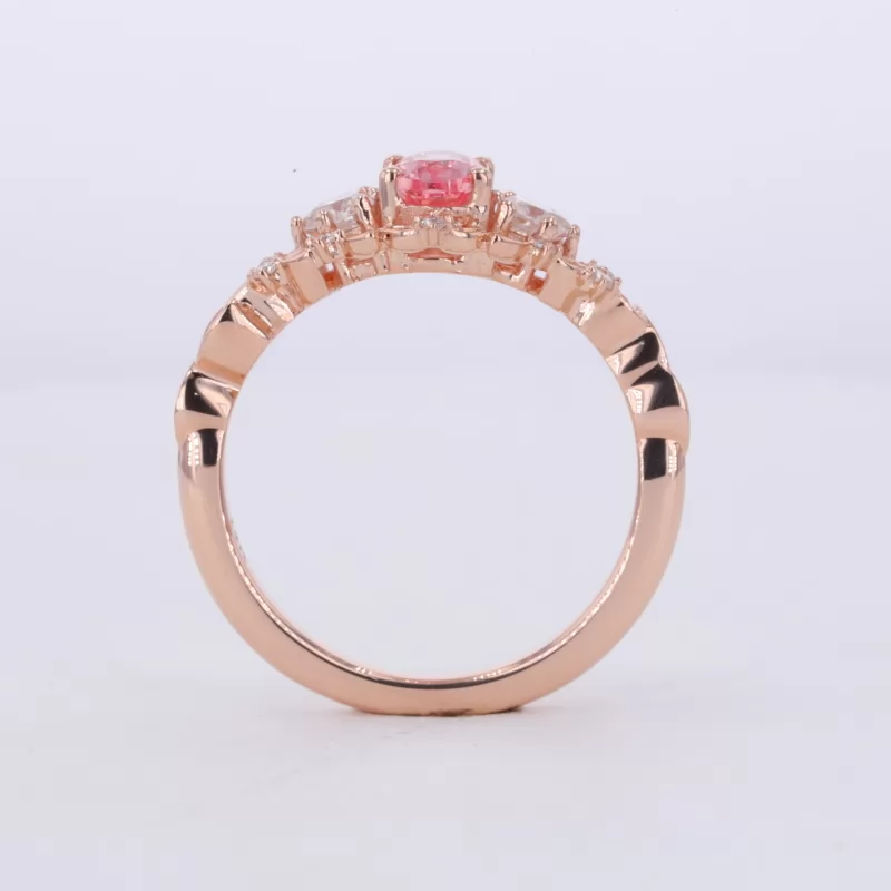 4×6mm Oval Cut Lab Grown Padparadscha Pink Sapphire 14K Rose Gold Three Stone Engagement Ring