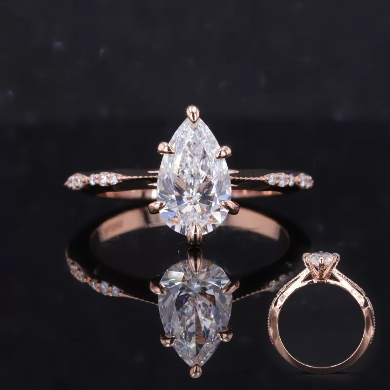 6.48×10.73mm Pear Cut Lab Grown Diamond With Side Lab Grown Diamond 14K Rose Gold Engagement Ring