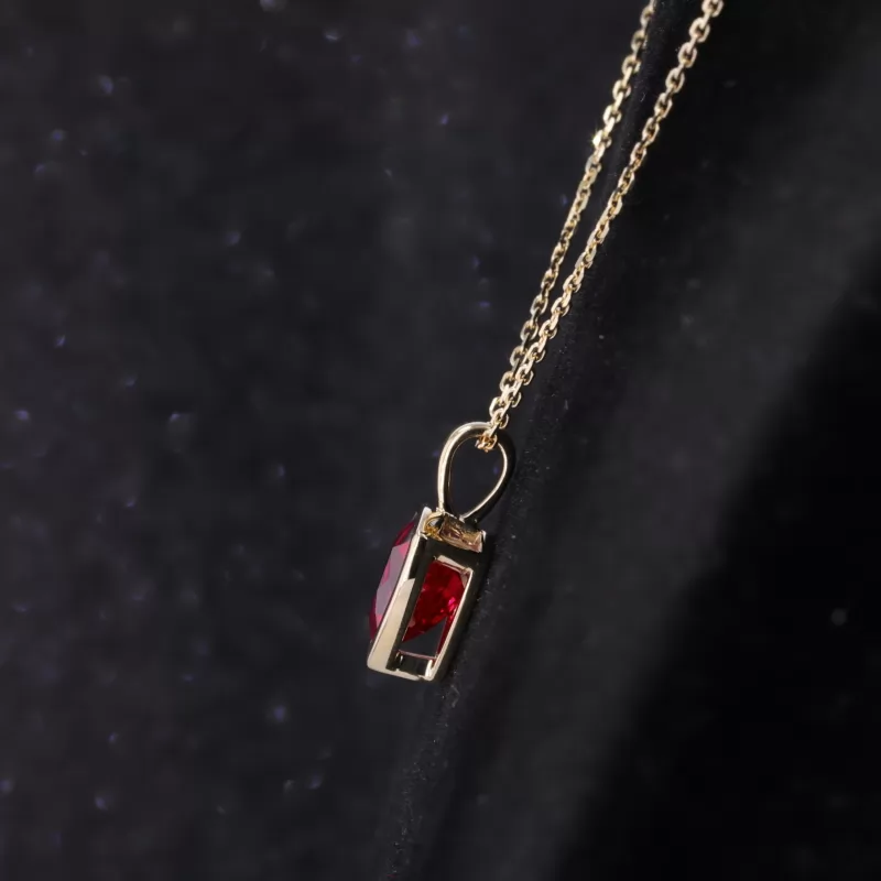 8×8mm Trilliant Cut Lab Grown Ruby Bezel Set 10K Yellow Gold Diamond Pendant Necklace