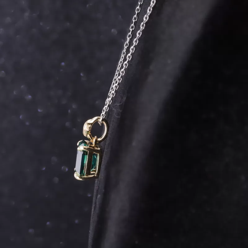 7×9mm Emerald Cut Green Moissanite 14K Yellow Gold Diamond Pendant Necklace