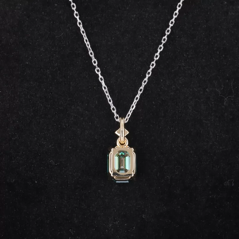 7×9mm Emerald Cut Green Moissanite 14K Yellow Gold Diamond Pendant Necklace