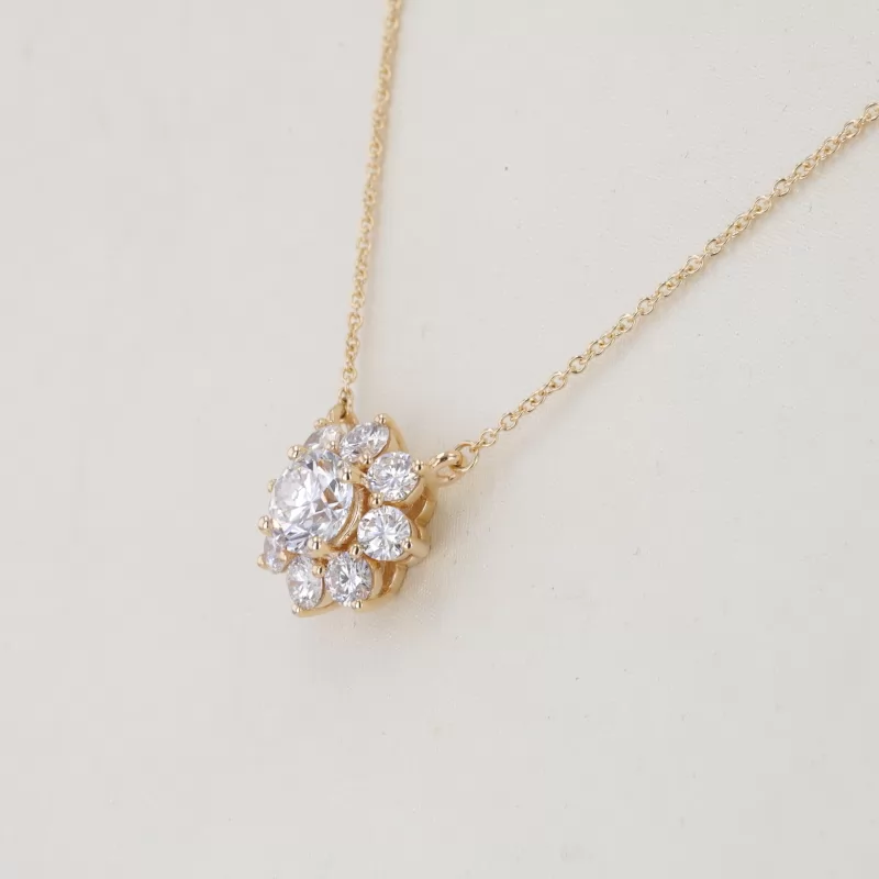 6.91mm Round Brilliant Cut Lab Grown Diamond Halo Set 9K Yellow Gold Diamond Pendant Necklace