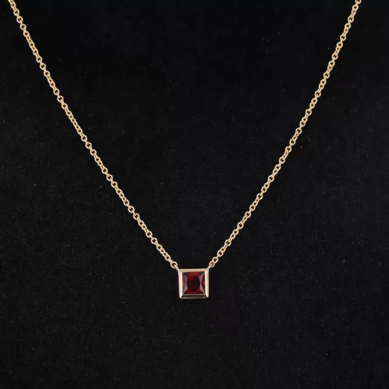 4×4mm Princess Cut Lab Grown Ruby Bezel Set 14K Yellow Gold Diamond Pendant Necklace