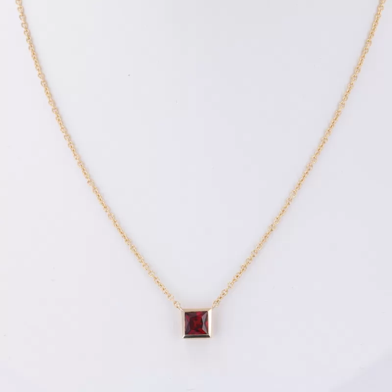 4×4mm Princess Cut Lab Grown Ruby Bezel Set 14K Yellow Gold Diamond Pendant Necklace