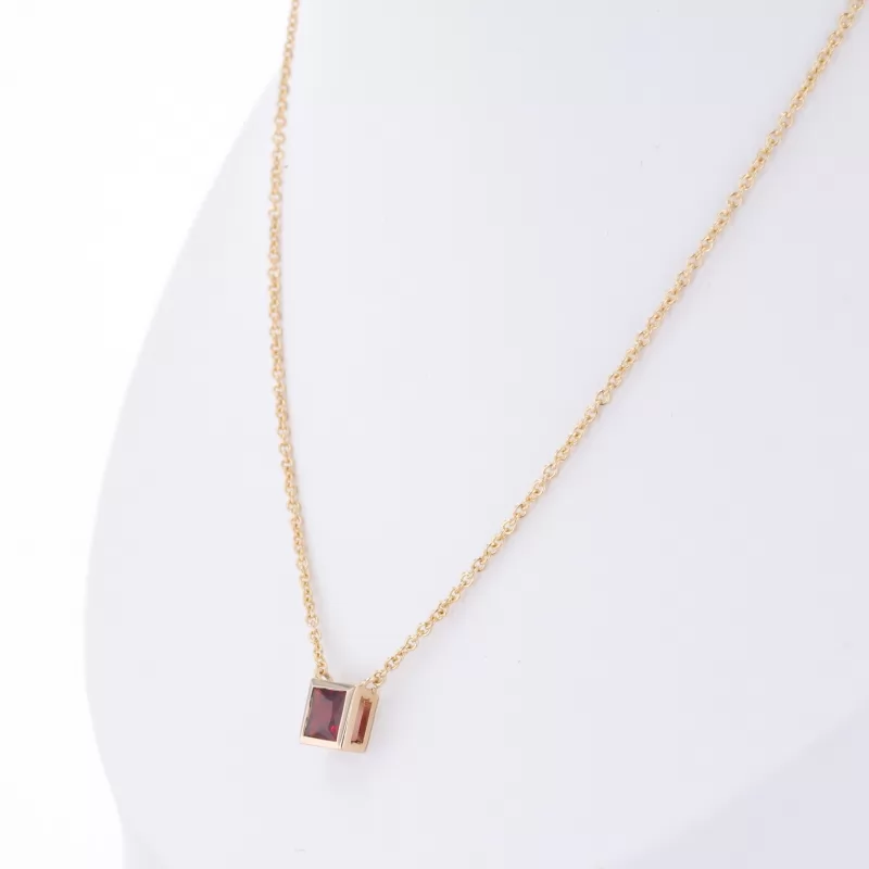 4×4mm Princess Cut Lab Grown Ruby Bezel Set 14K Yellow Gold Diamond Pendant Necklace