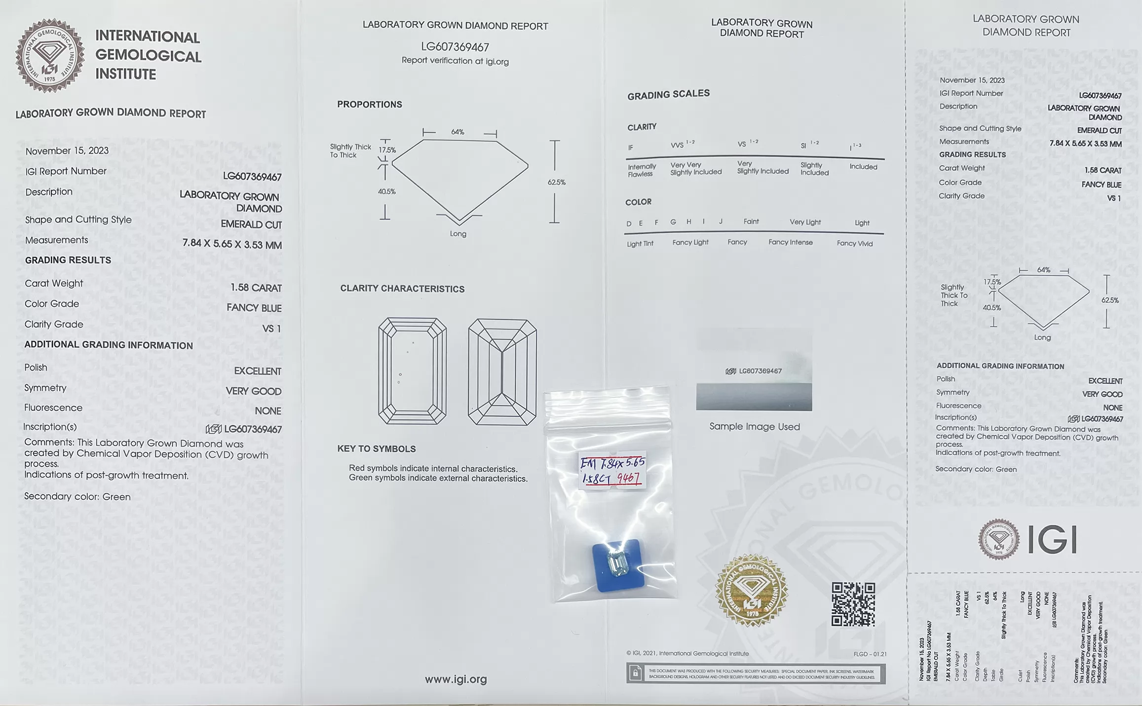 1.58ct Blue Color Octagon Emerald Cut Lab Grown Diamond