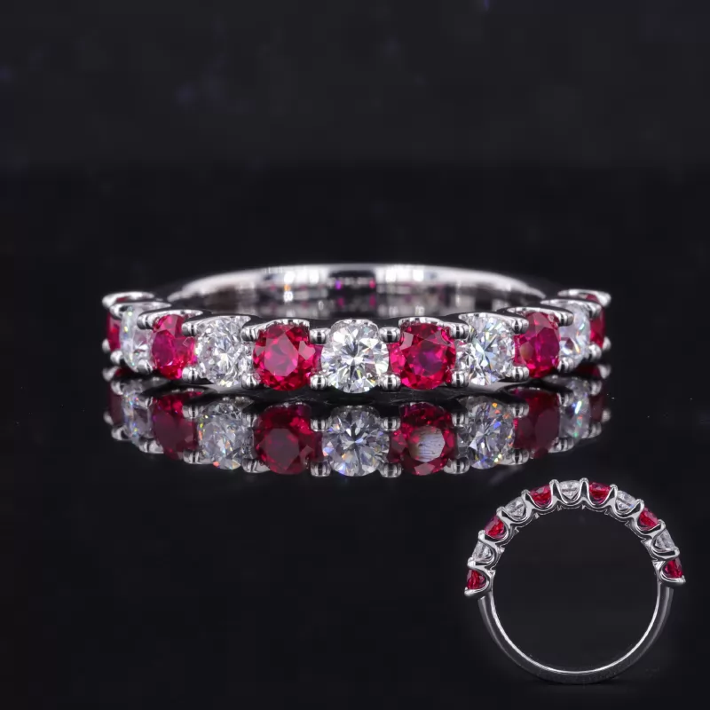 3mm Round Brilliant Cut Lab Grown Diamond & Lab Grown Ruby 18K White Gold Eleven Stone Diamond Ring