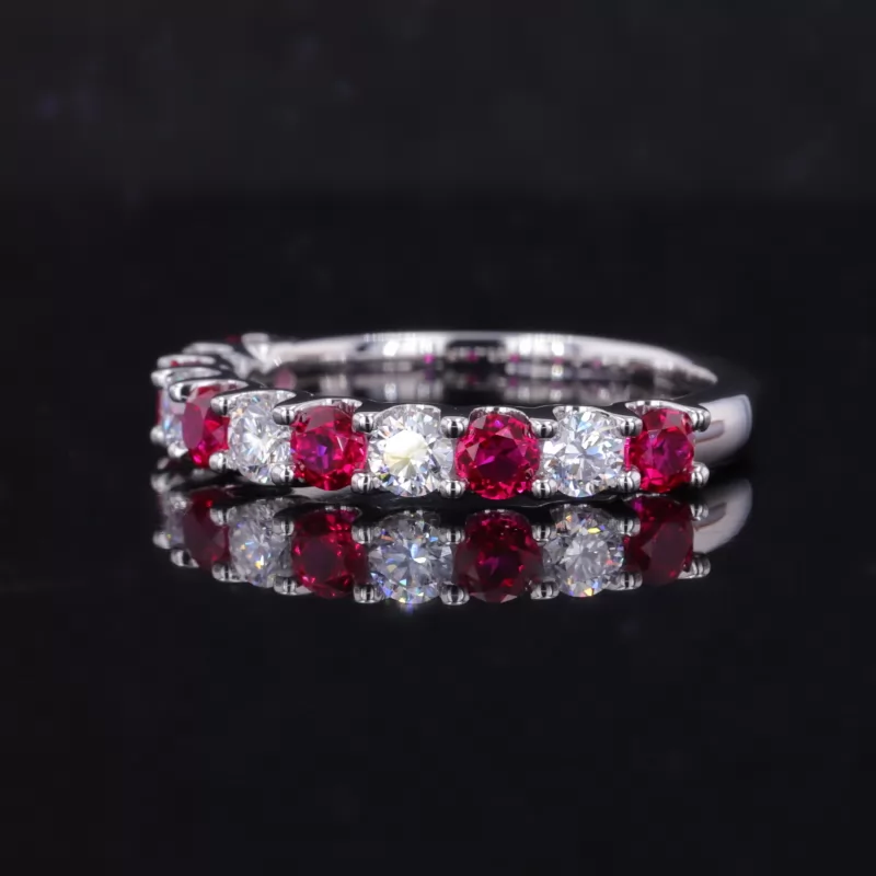 3mm Round Brilliant Cut Lab Grown Diamond & Lab Grown Ruby 18K White Gold Eleven Stone Diamond Ring