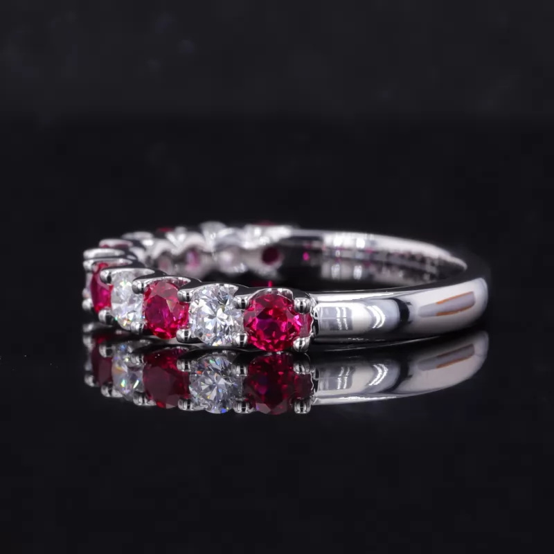 3mm Round Brilliant Cut Lab Grown Diamond & Lab Grown Ruby 18K White Gold Eleven Stone Diamond Ring