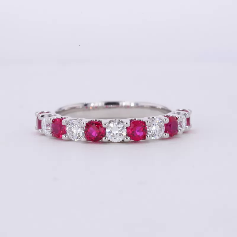 3mm Round Brilliant Cut Lab Grown Diamond & Lab Grown Ruby 18K White Gold Eleven Stone Diamond Ring