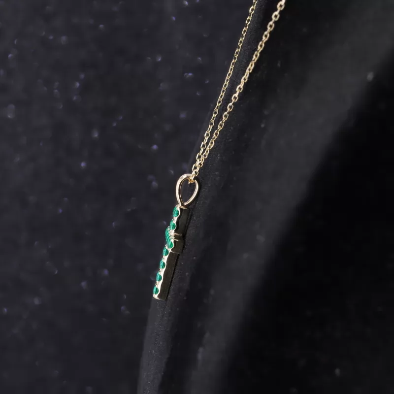 2mm Round Brilliant Cut Lab Grown Emerald 10K Yellow Gold Diamond Pendant Necklace