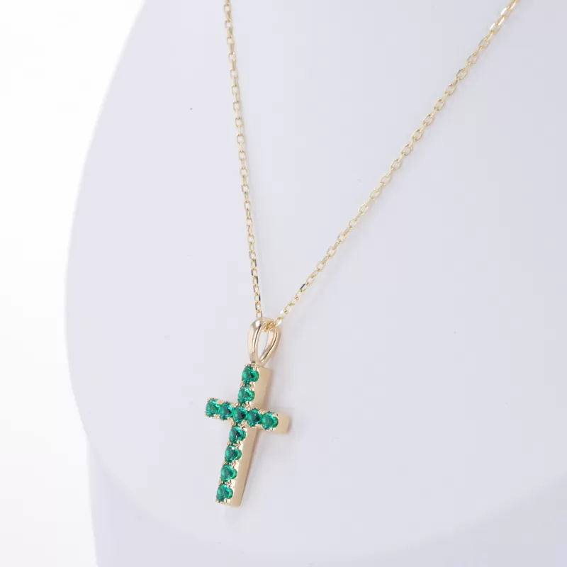 2mm Round Brilliant Cut Lab Grown Emerald 10K Yellow Gold Diamond Pendant Necklace