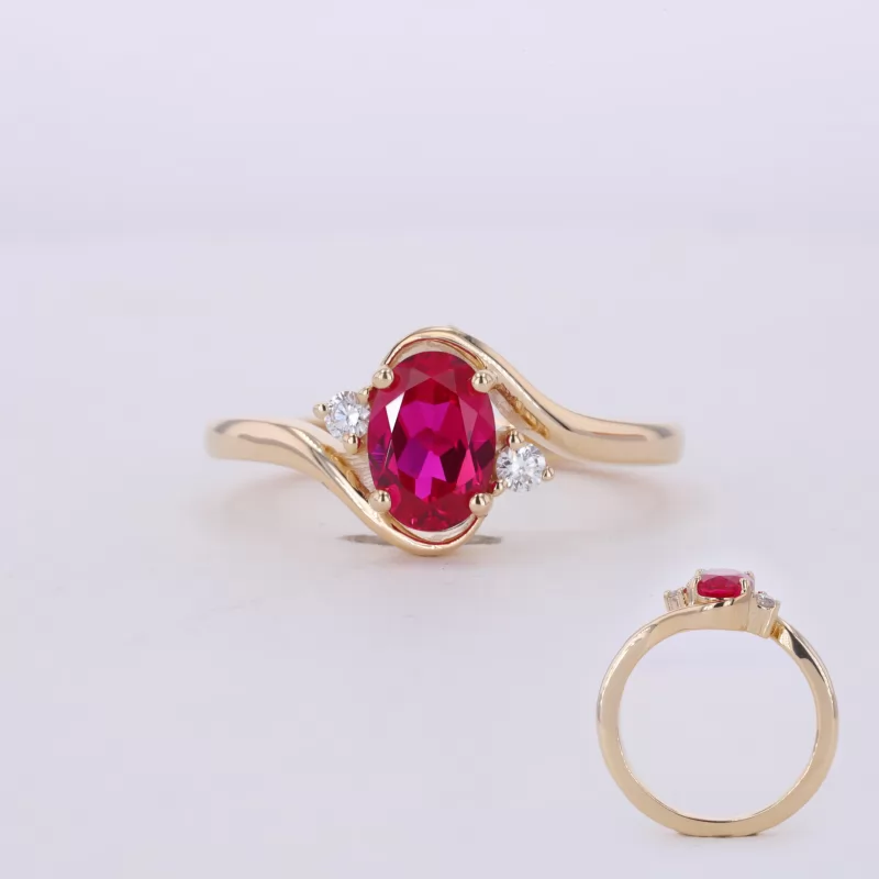 5×7mm Oval Cut Lab Grown Ruby With Side Moissanite 10K Yellow Gold Engagement Ring