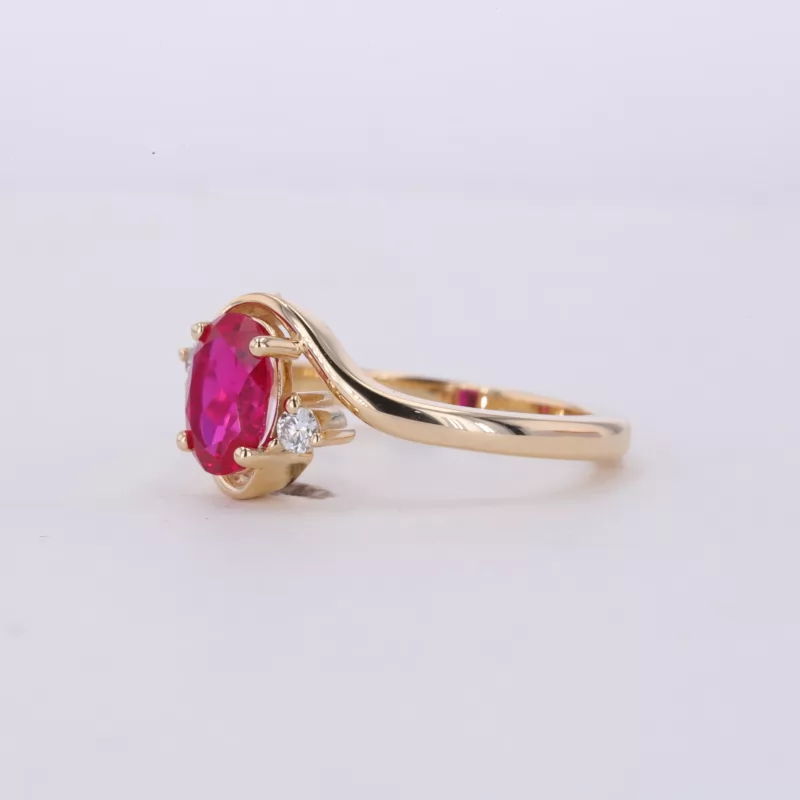 5×7mm Oval Cut Lab Grown Ruby With Side Moissanite 10K Yellow Gold Engagement Ring