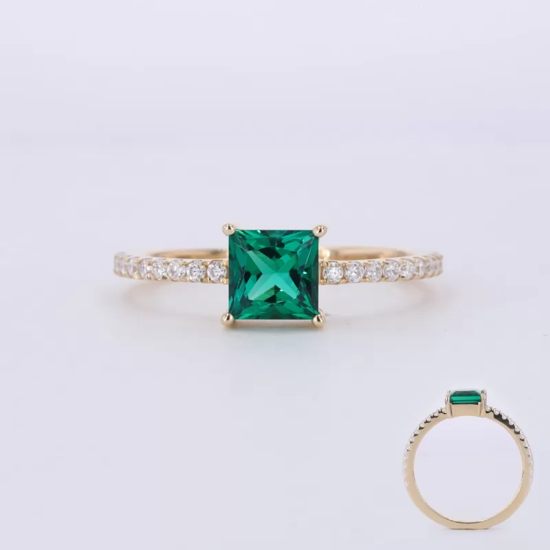 6×6mm Princess Cut Lab Grown Emerald 10K Yellow Gold Pave Engagement Ring