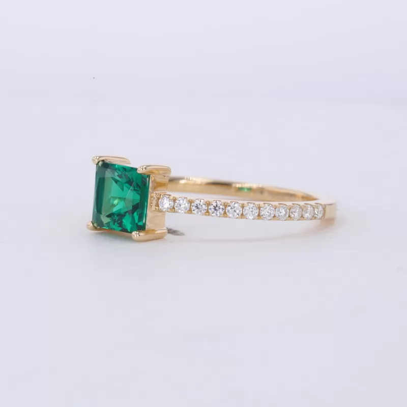 6×6mm Princess Cut Lab Grown Emerald 10K Yellow Gold Pave Engagement Ring