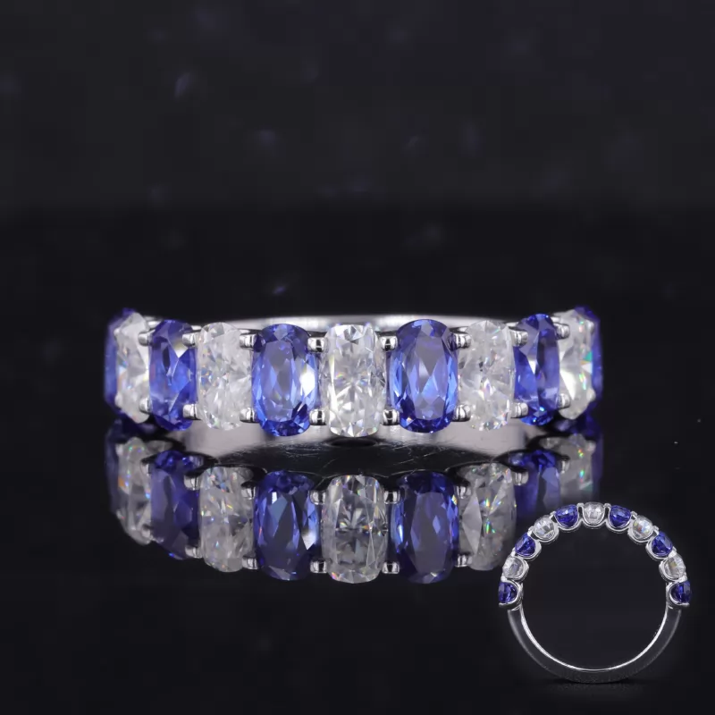 3×5mm Cushion Cut Moissanite & Lab Grown Sapphire 14K White Gold Eleven Stone Diamond Ring