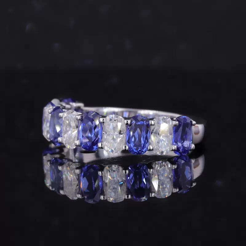 3×5mm Cushion Cut Moissanite & Lab Grown Sapphire 14K White Gold Eleven Stone Diamond Ring
