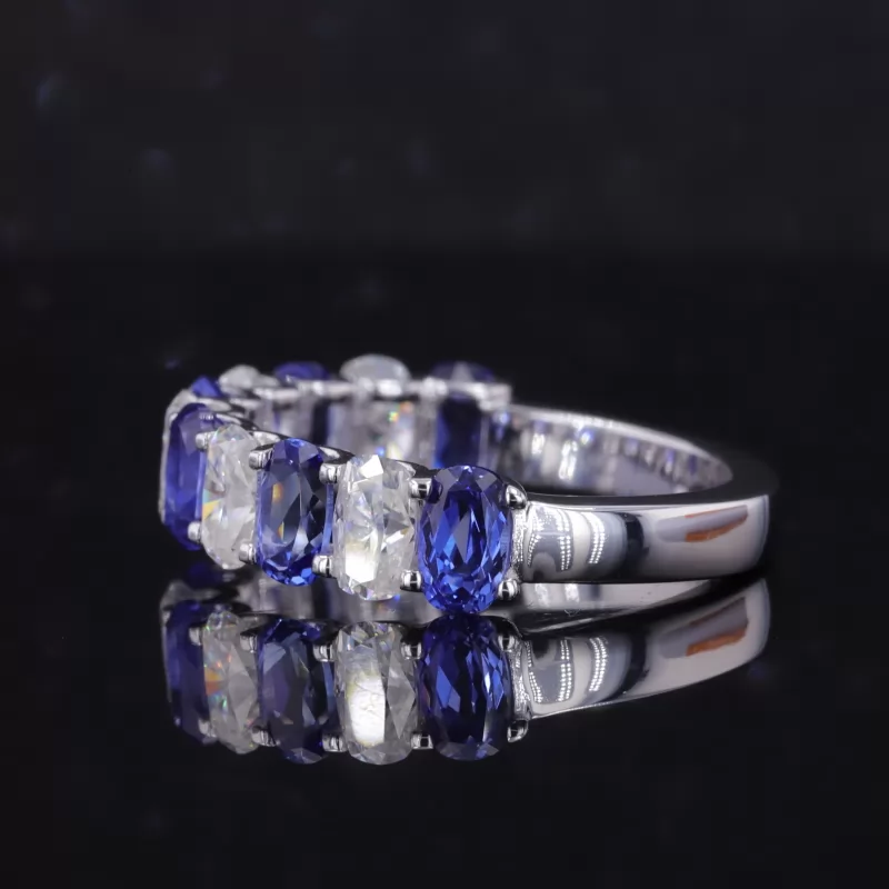 3×5mm Cushion Cut Moissanite & Lab Grown Sapphire 14K White Gold Eleven Stone Diamond Ring