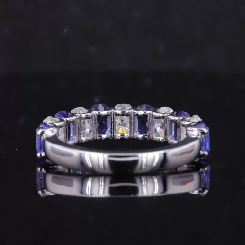 3×5mm Cushion Cut Moissanite & Lab Grown Sapphire 14K White Gold Eleven Stone Diamond Ring