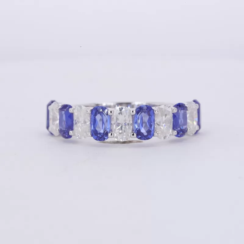 3×5mm Cushion Cut Moissanite & Lab Grown Sapphire 14K White Gold Eleven Stone Diamond Ring