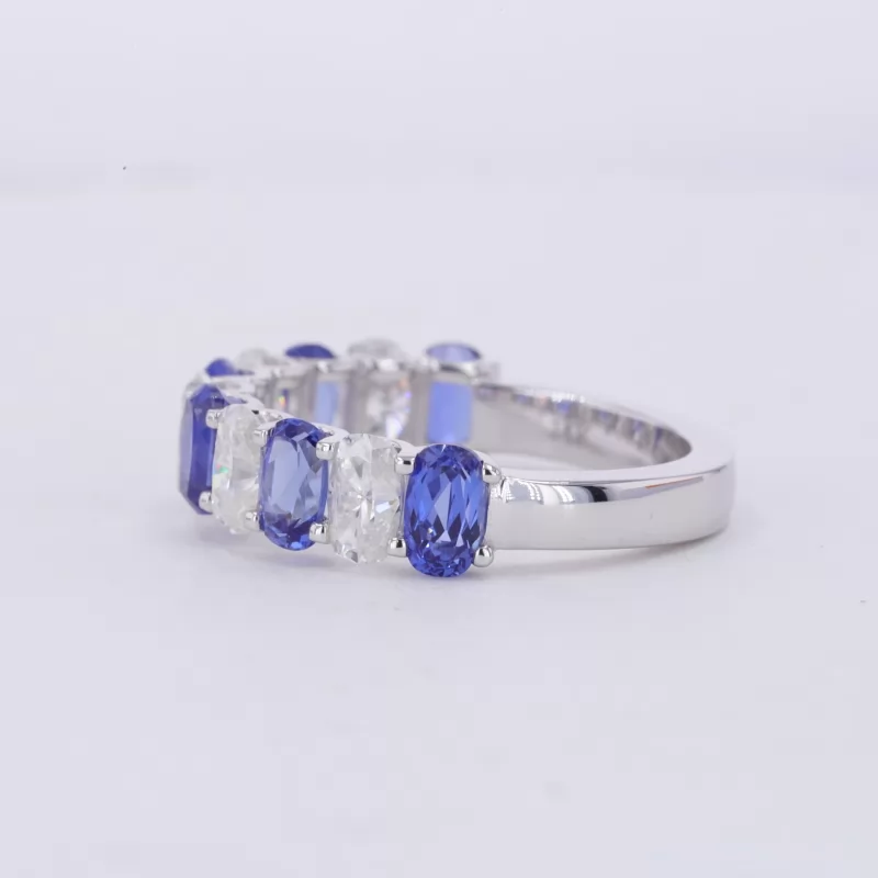 3×5mm Cushion Cut Moissanite & Lab Grown Sapphire 14K White Gold Eleven Stone Diamond Ring