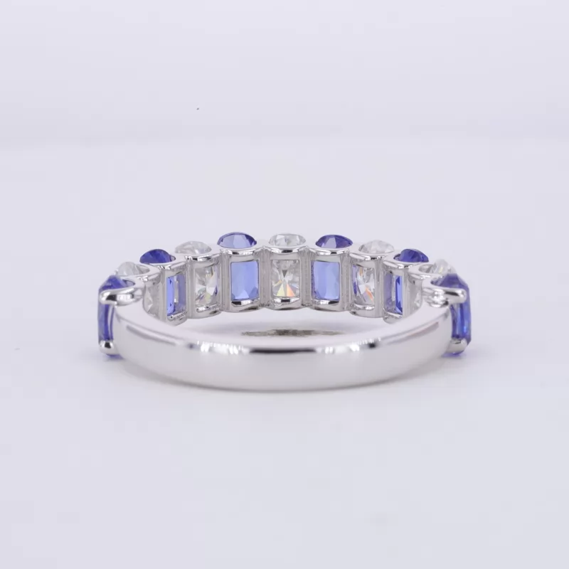 3×5mm Cushion Cut Moissanite & Lab Grown Sapphire 14K White Gold Eleven Stone Diamond Ring