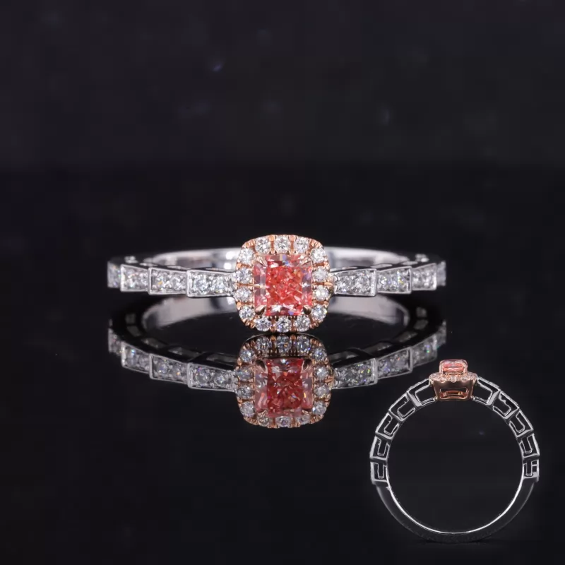 3.5×3.7mm Radiant Cut Pink Color Lab Grown Diamond 10K White Gold Halo Engagement Ring