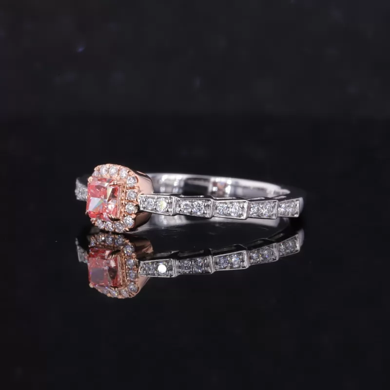 3.5×3.7mm Radiant Cut Pink Color Lab Grown Diamond 10K White Gold Halo Engagement Ring