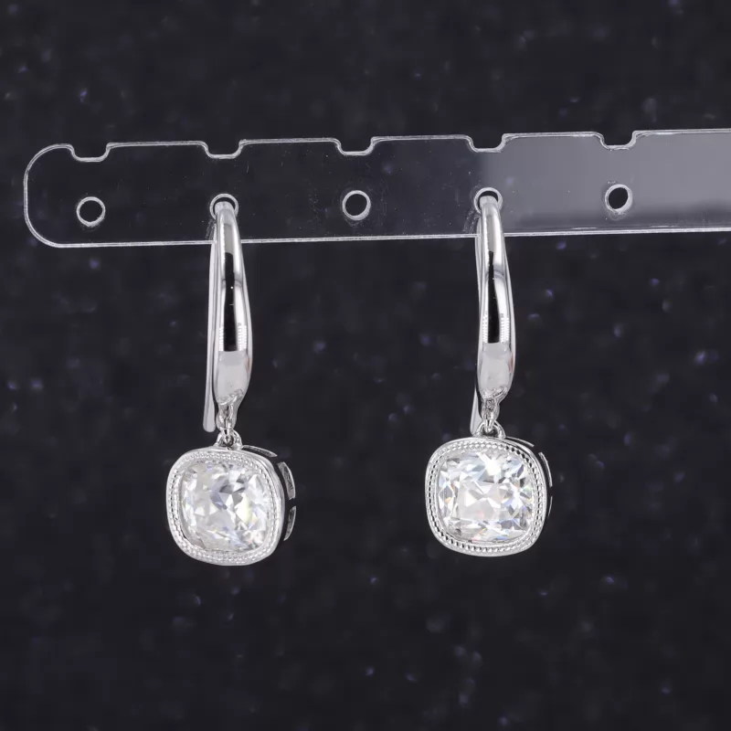 7×7.5mm Cushion Cut Moissanite Bezel Set S925 Sterling Silver Diamond Earrings