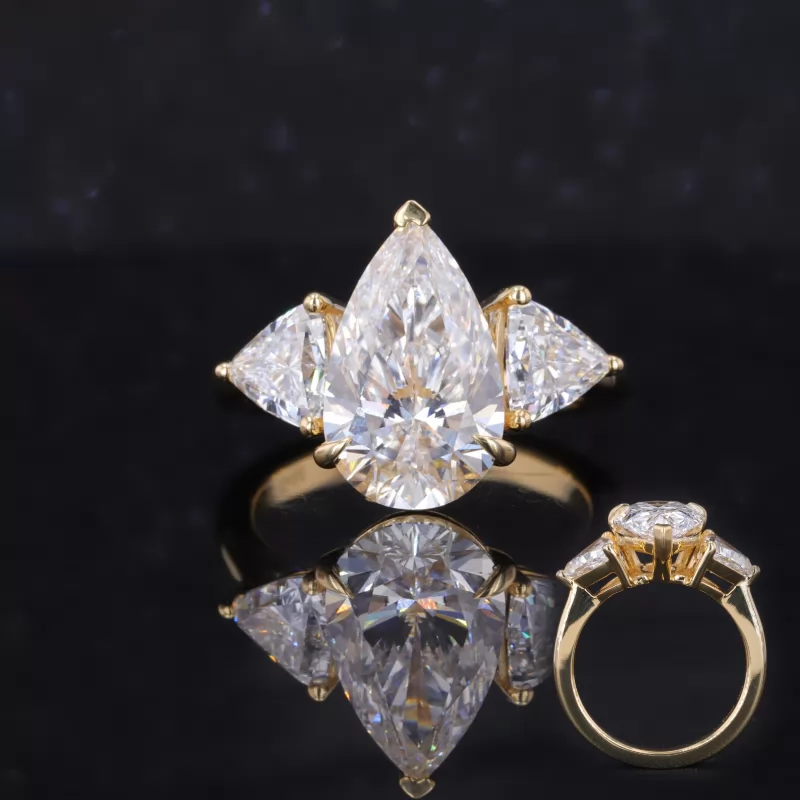 7.96×13.11mm Pear Cut Lab Grown Diamond 18K Yellow Gold Three Stone Engagement Ring