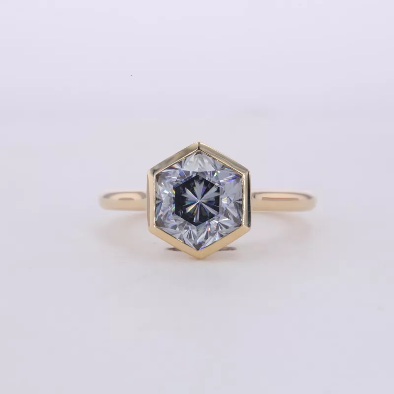 8×8mm Special Cut Hexagon Shape Grey Moissanite Bezel Set 10K Yellow Gold Solitaire Engagement Ring