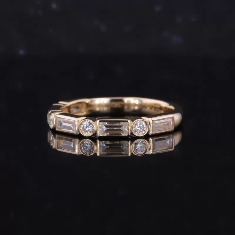 2×4mm Baguette Step Cut Moissanite & 2mm Round Brilliant Cut Moissanite 10K Yellow Gold Nine Stone Diamond Ring