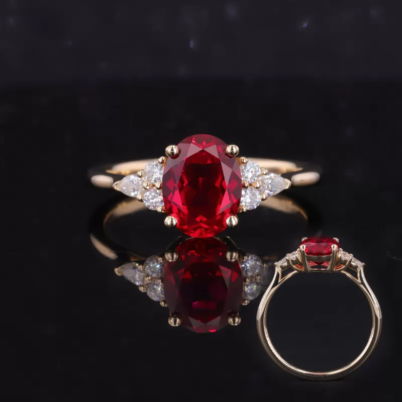 7×9mm Oval Cut Lab Grown Ruby With Side Moissanite 14K Yellow Gold Engagement Ring