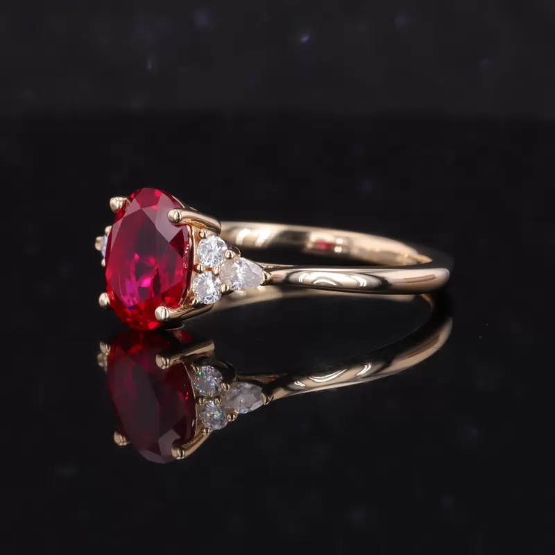 7×9mm Oval Cut Lab Grown Ruby With Side Moissanite 14K Yellow Gold Engagement Ring