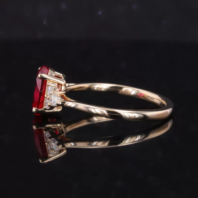 7×9mm Oval Cut Lab Grown Ruby With Side Moissanite 14K Yellow Gold Engagement Ring