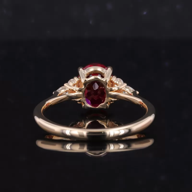 7×9mm Oval Cut Lab Grown Ruby With Side Moissanite 14K Yellow Gold Engagement Ring